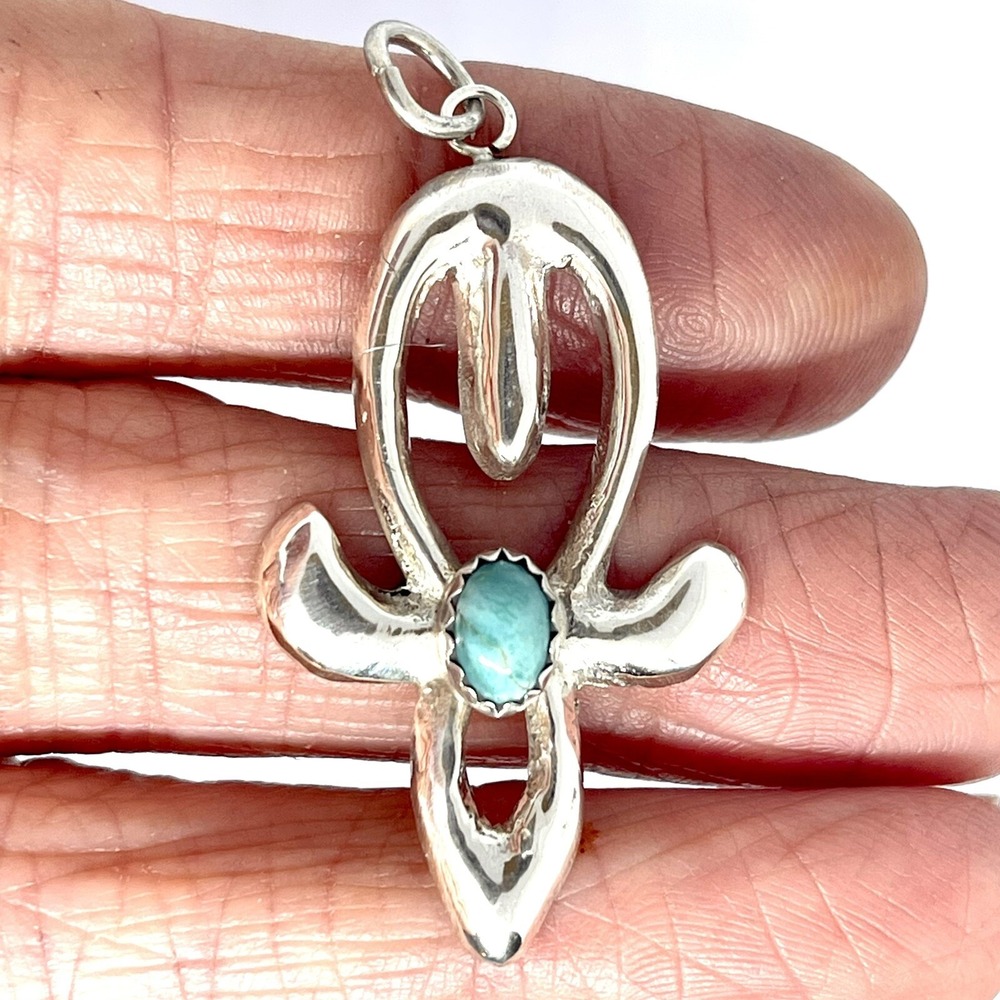 Navajo Squash Blossom Turquoise Pendant 1.75in Sterling Naja Native Signed CTY
